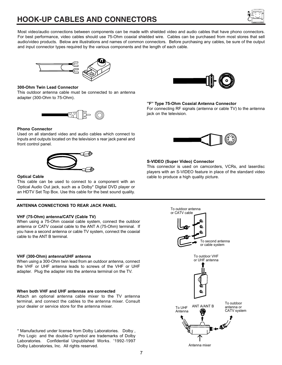 Hook-up cables and connectors | Hitachi 53SWX01W  EN User Manual | Page 7 / 76