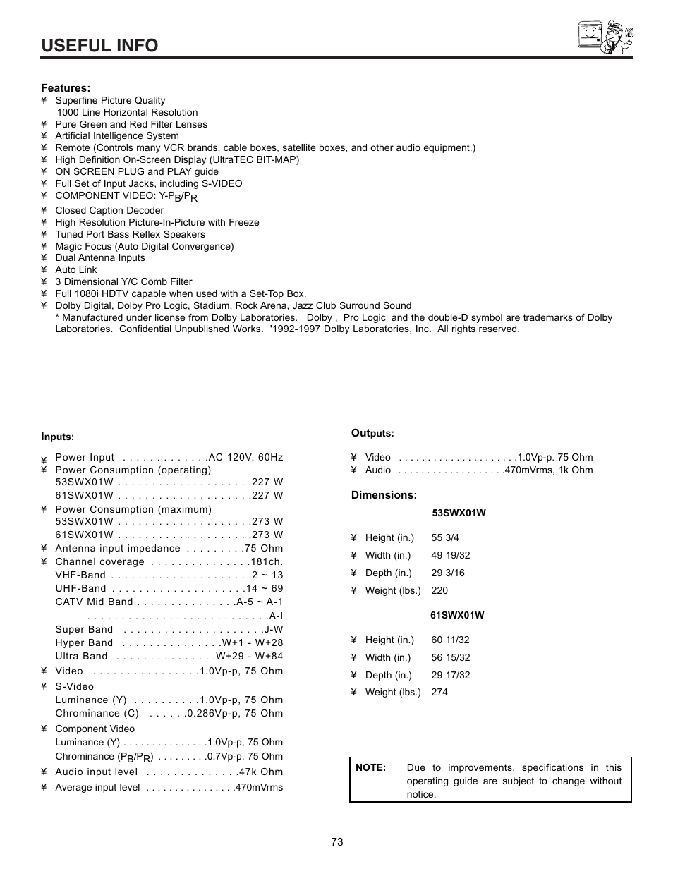 Useful info | Hitachi 53SWX01W  EN User Manual | Page 73 / 76