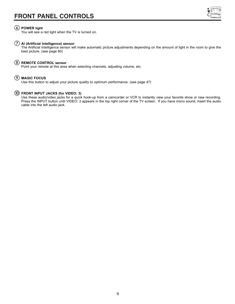 Front panel controls | Hitachi 53SWX01W  EN User Manual | Page 9 / 76