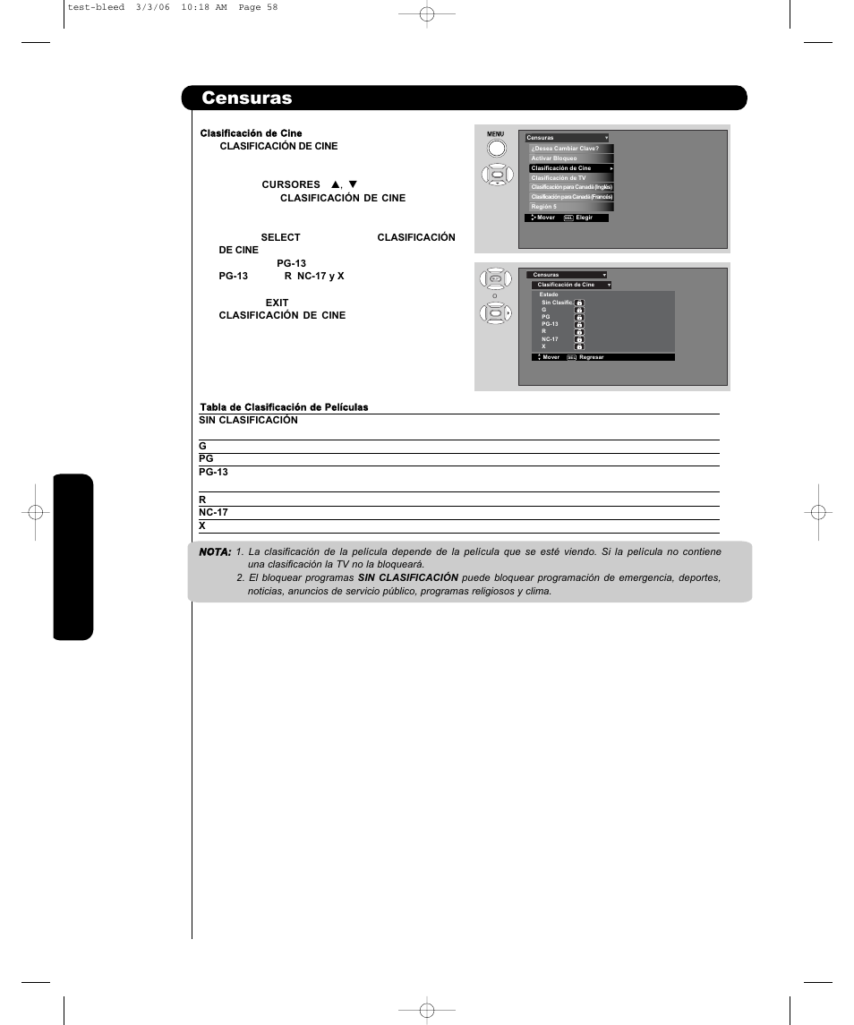 Censuras | Hitachi P50H401 User Manual | Page 106 / 144
