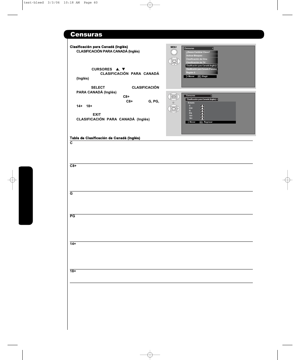Censuras | Hitachi P50H401 User Manual | Page 108 / 144