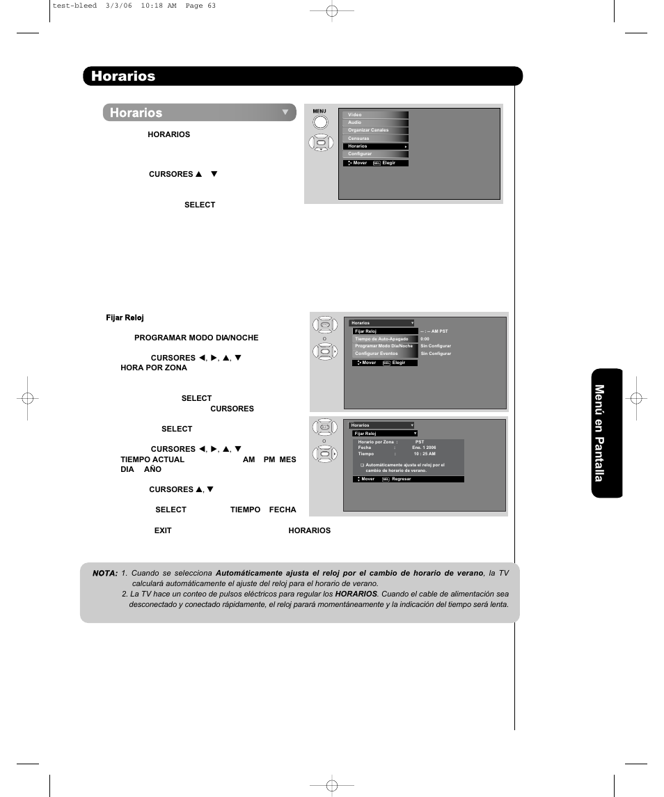 Horarios, Menú en pantalla | Hitachi P50H401 User Manual | Page 111 / 144