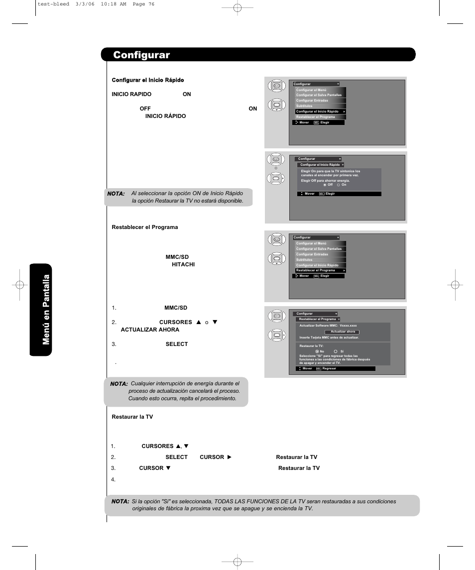 Configurar, Men ú en p an ta lla | Hitachi P50H401 User Manual | Page 118 / 144