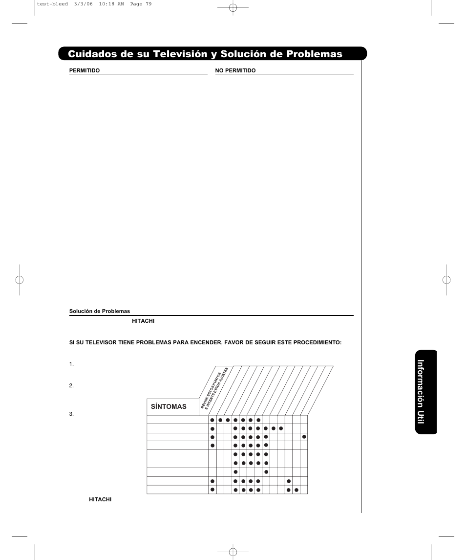 Cuidados de su televisión y solución de problemas, Informació n util, Síntomas | Hitachi P50H401 User Manual | Page 119 / 144