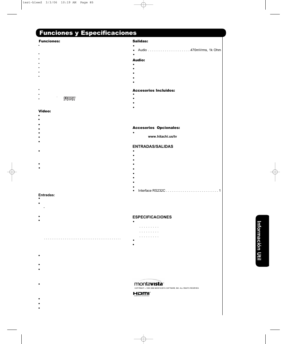 Funciones y especificaciones, Informació n util | Hitachi P50H401 User Manual | Page 123 / 144
