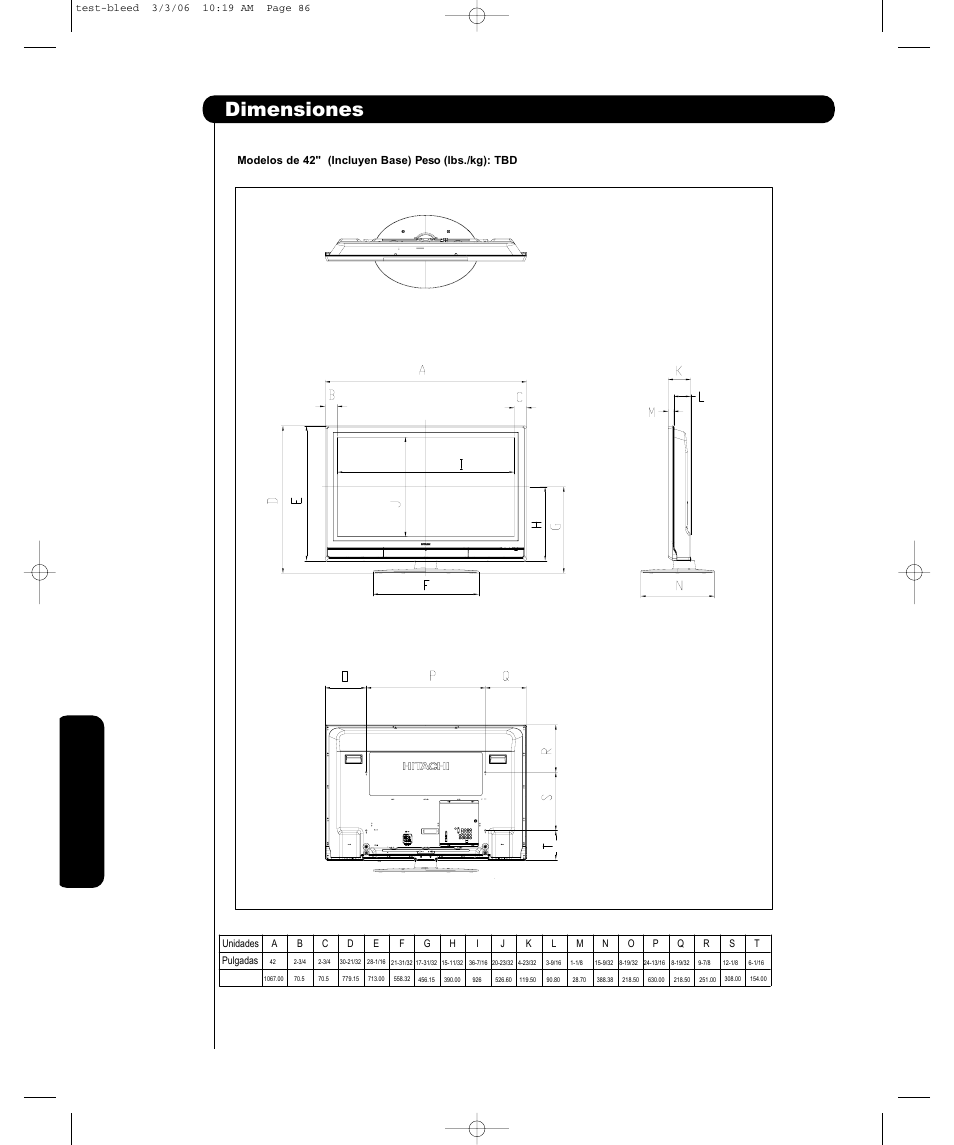 Dimensiones | Hitachi P50H401 User Manual | Page 124 / 144