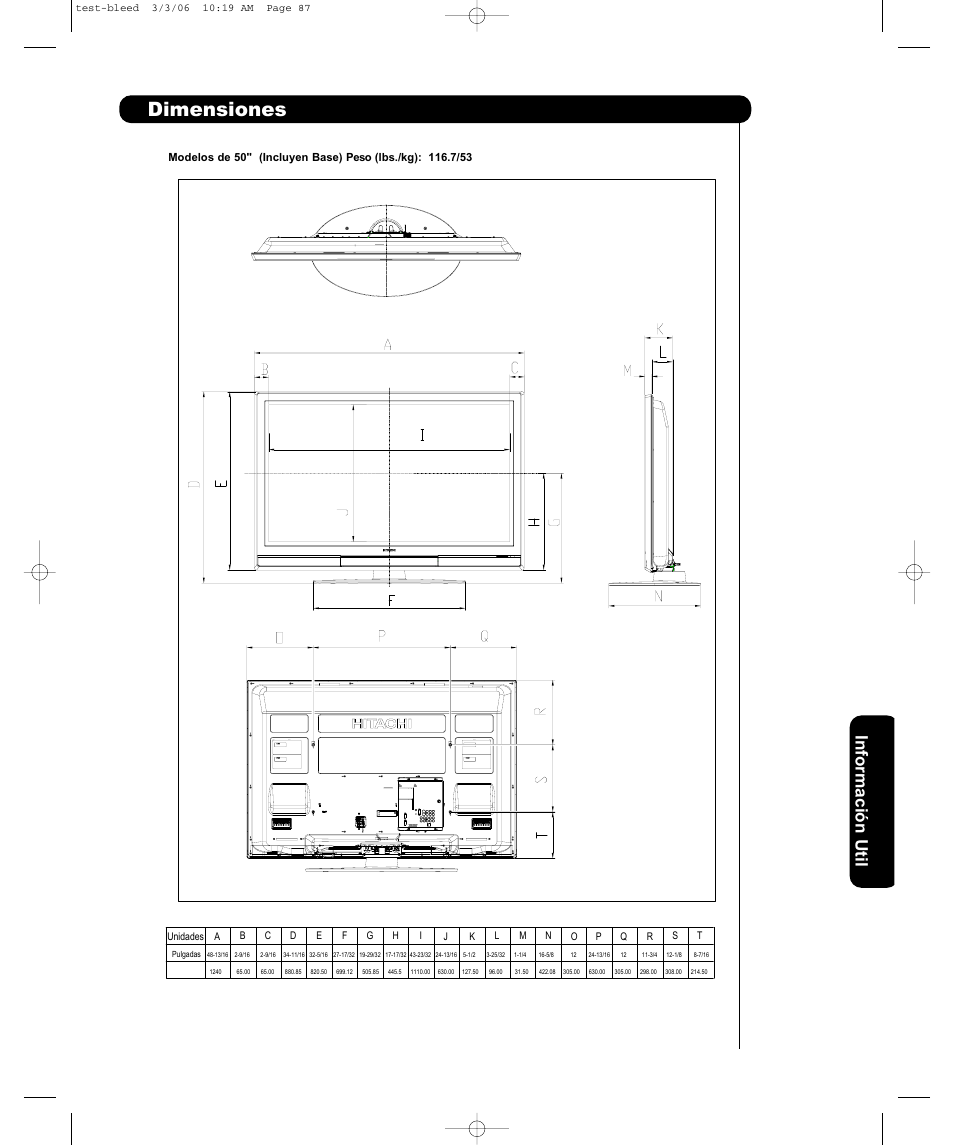 Dimensiones, Informació n util | Hitachi P50H401 User Manual | Page 125 / 144