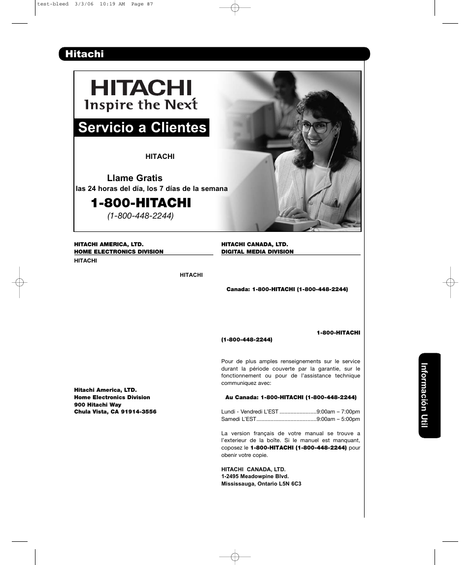 Servicio a clientes, 800-hitachi, Hitachi | Llame gratis | Hitachi P50H401 User Manual | Page 127 / 144