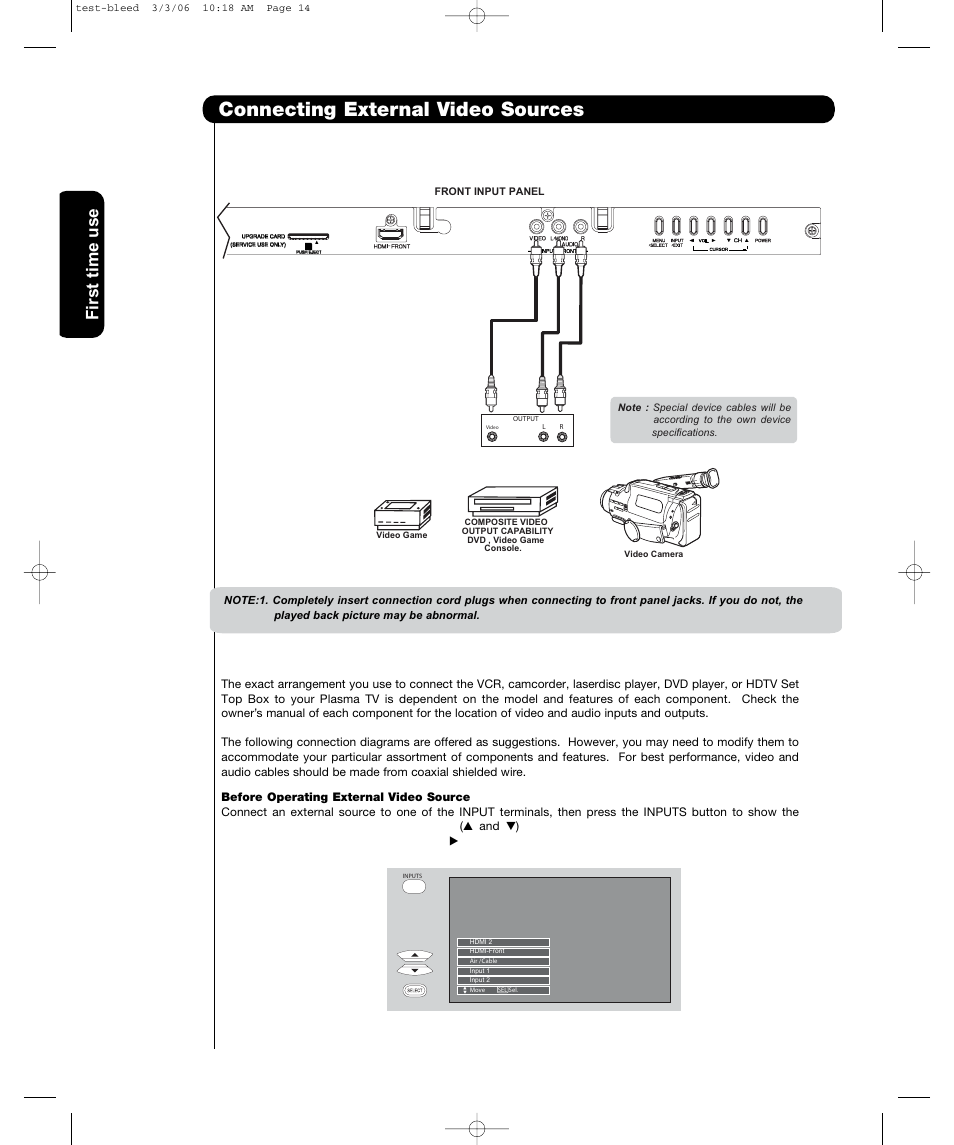 Connecting external video sources, First time use | Hitachi P50H401 User Manual | Page 16 / 144