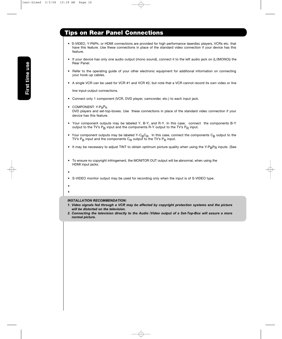 Tips on rear panel connections, First time use | Hitachi P50H401 User Manual | Page 18 / 144