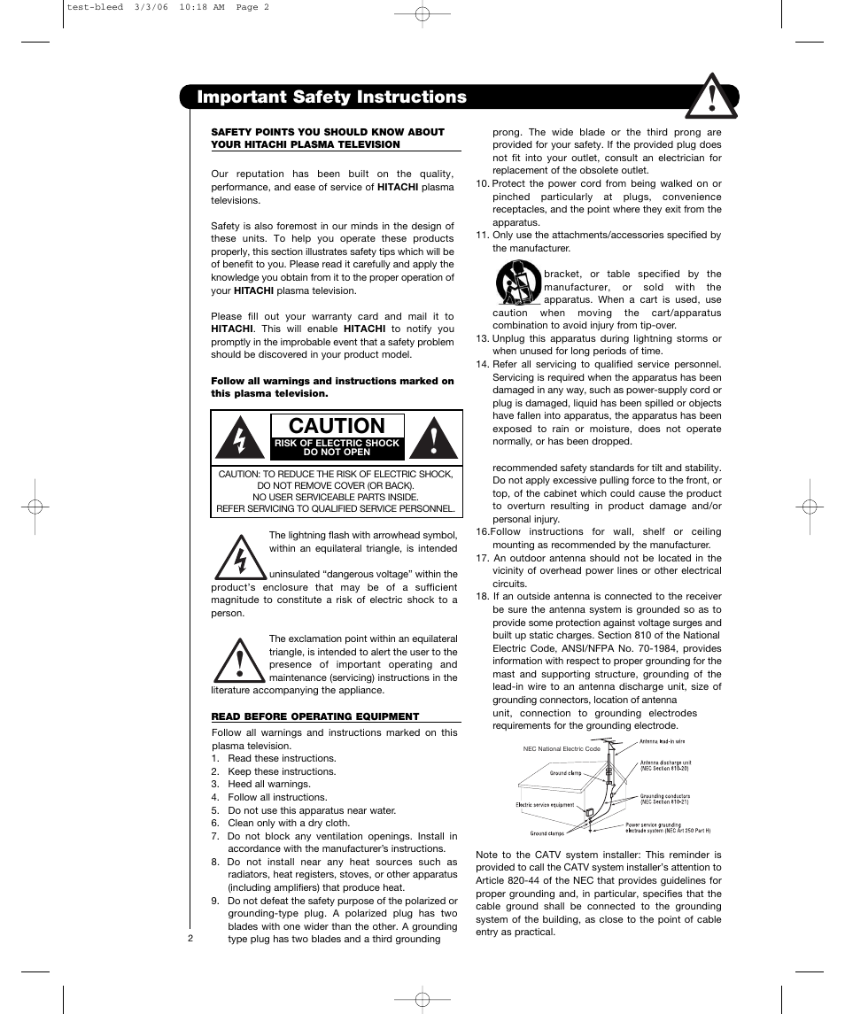 Caution, Important safety instructions | Hitachi P50H401 User Manual | Page 2 / 144