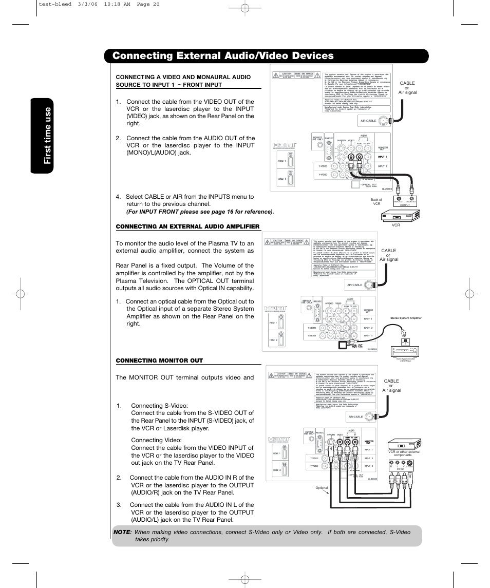 Connecting external audio/video devices, First time use | Hitachi P50H401 User Manual | Page 22 / 144