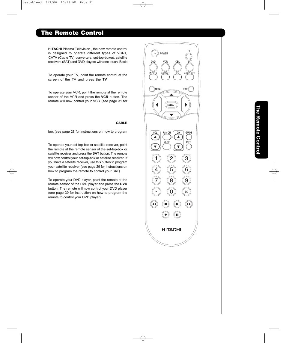 The remote control, The remote contr o l | Hitachi P50H401 User Manual | Page 23 / 144