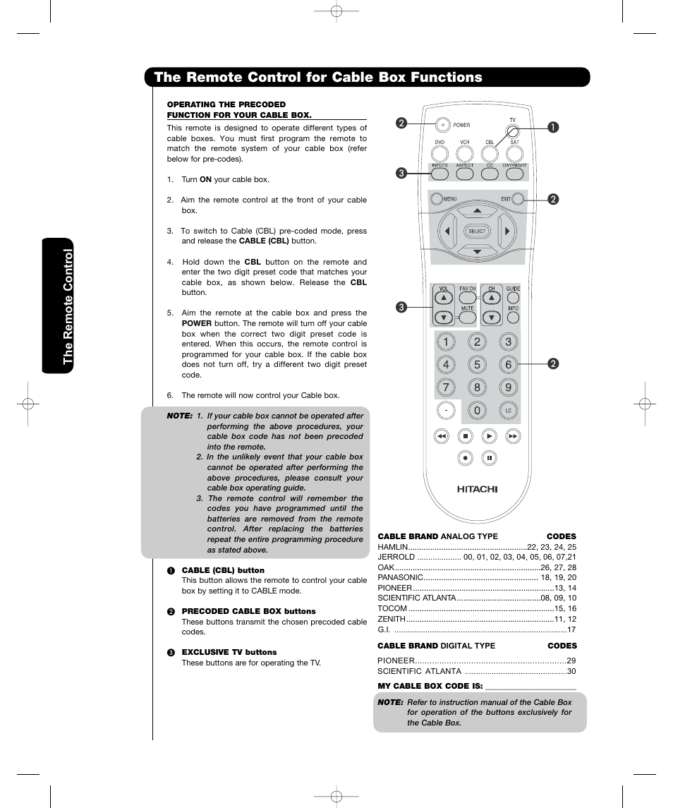 The remote control for cable box functions, The remote contr o l | Hitachi P50H401 User Manual | Page 28 / 144