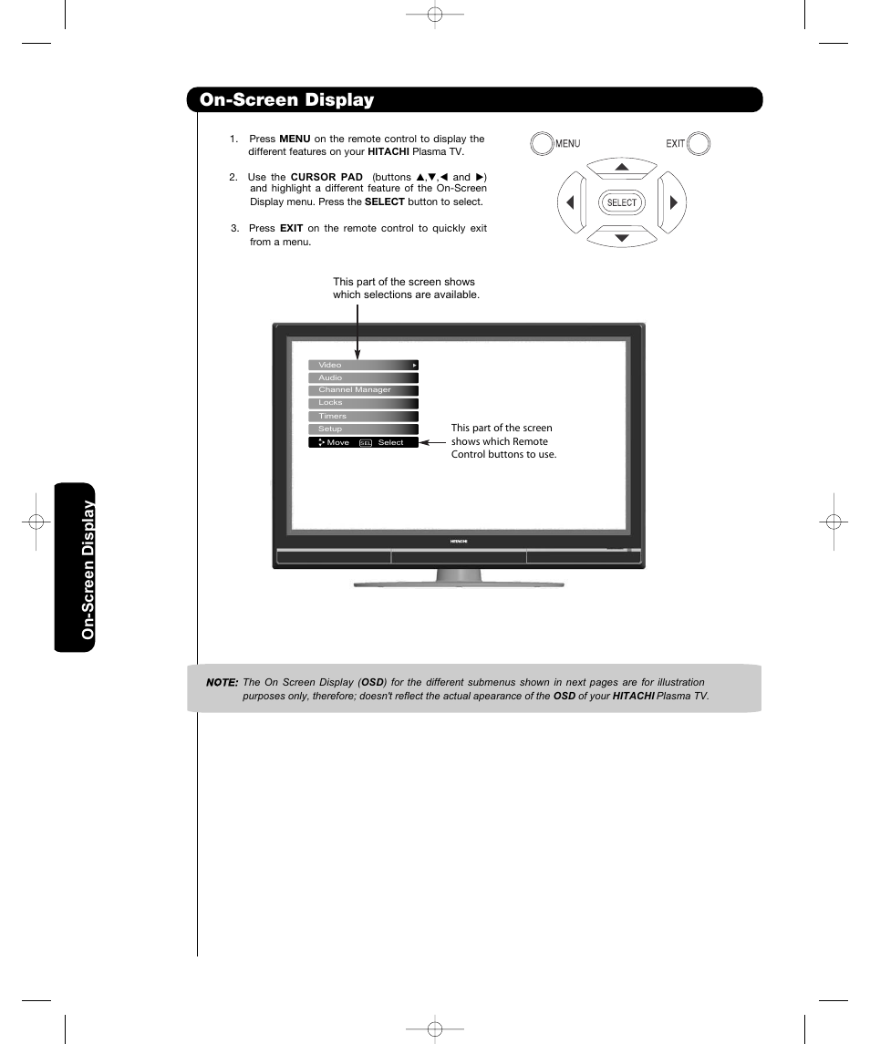 On-screen display, On-scr een display | Hitachi P50H401 User Manual | Page 32 / 144