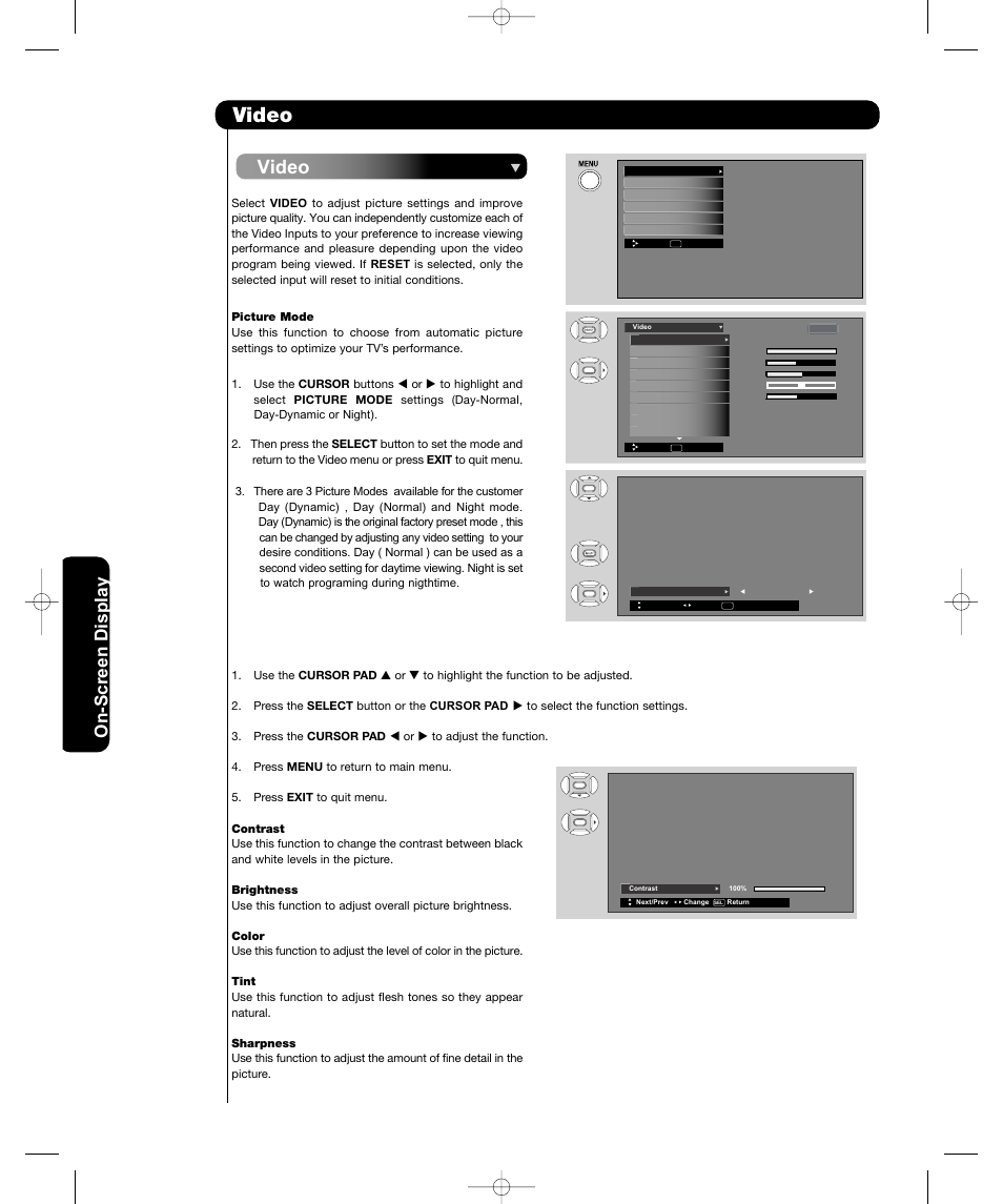 Video, On-scr een display | Hitachi P50H401 User Manual | Page 34 / 144
