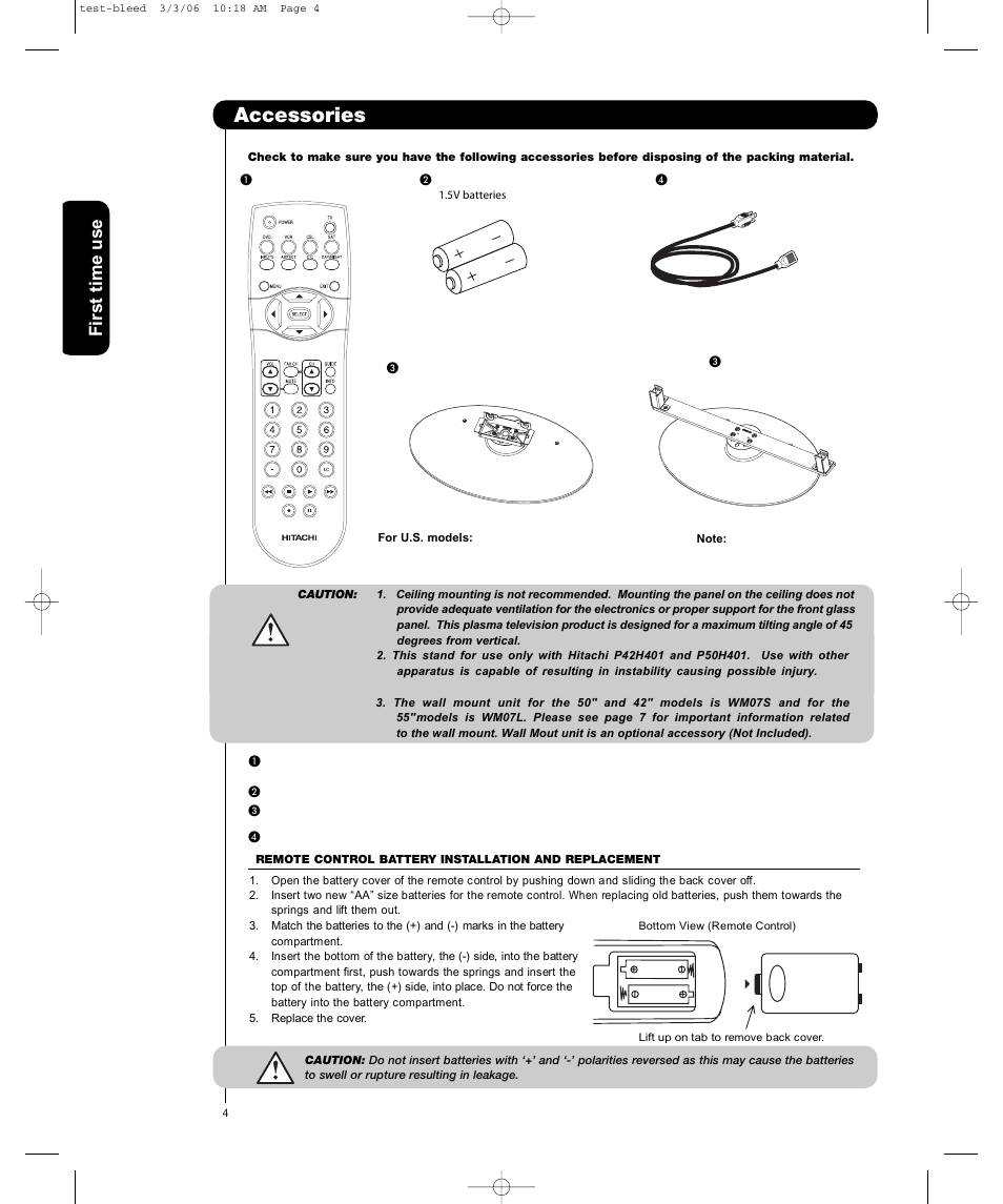 Accessories, First time use | Hitachi P50H401 User Manual | Page 4 / 144