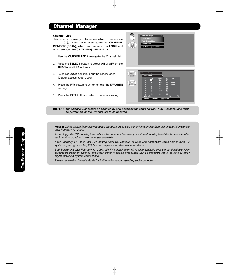 Channel manager, On-scr een display | Hitachi P50H401 User Manual | Page 40 / 144