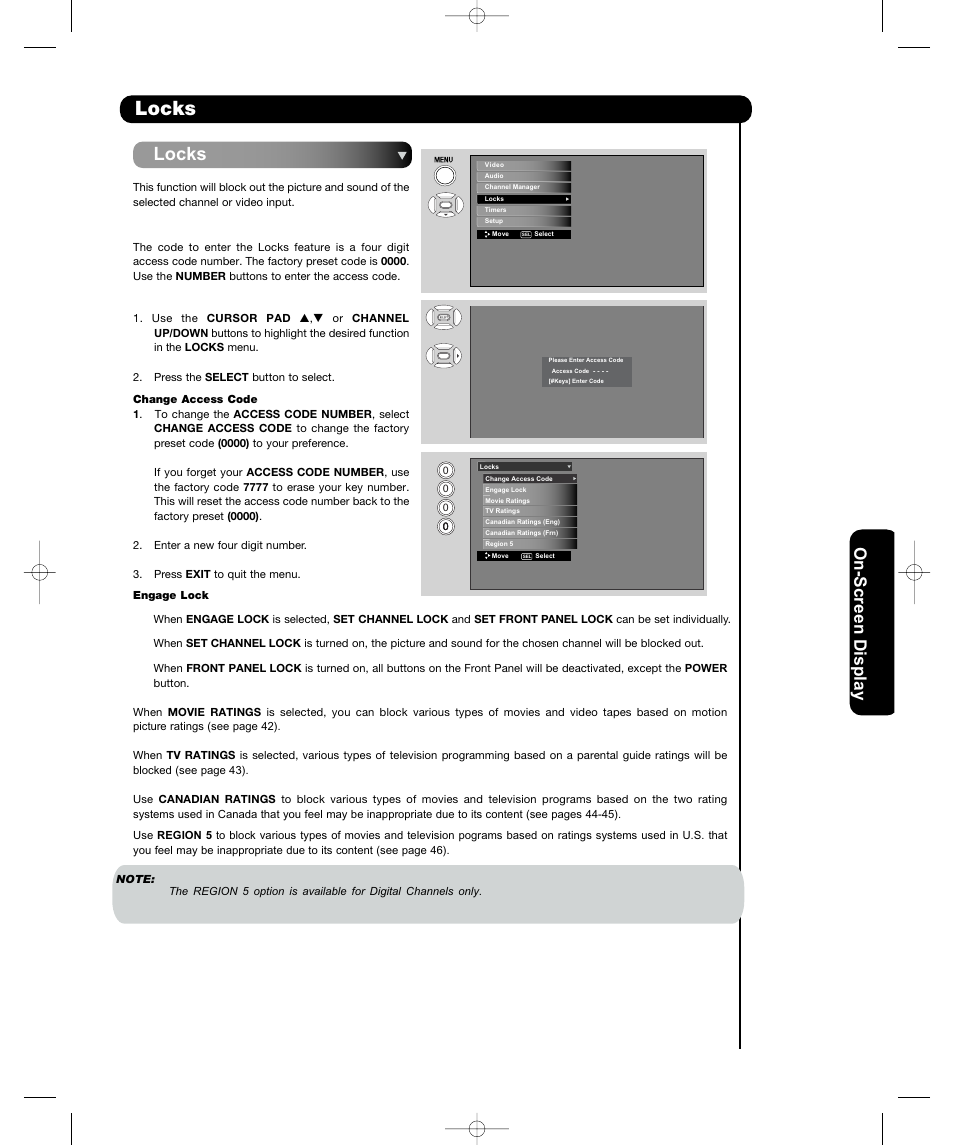 Locks, On-sc ree n display | Hitachi P50H401 User Manual | Page 41 / 144