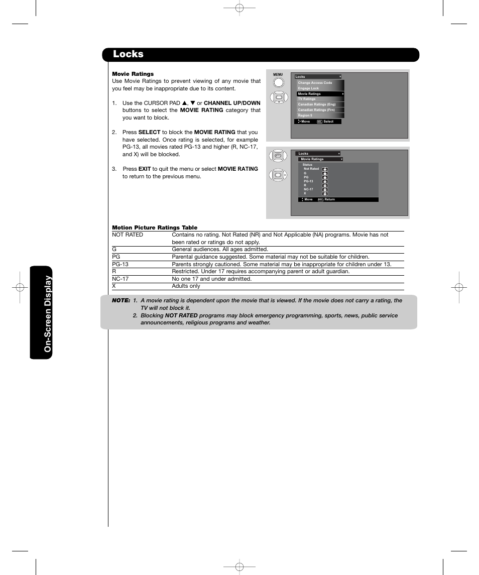 Locks, On-screen display, On-scr een display | Hitachi P50H401 User Manual | Page 42 / 144