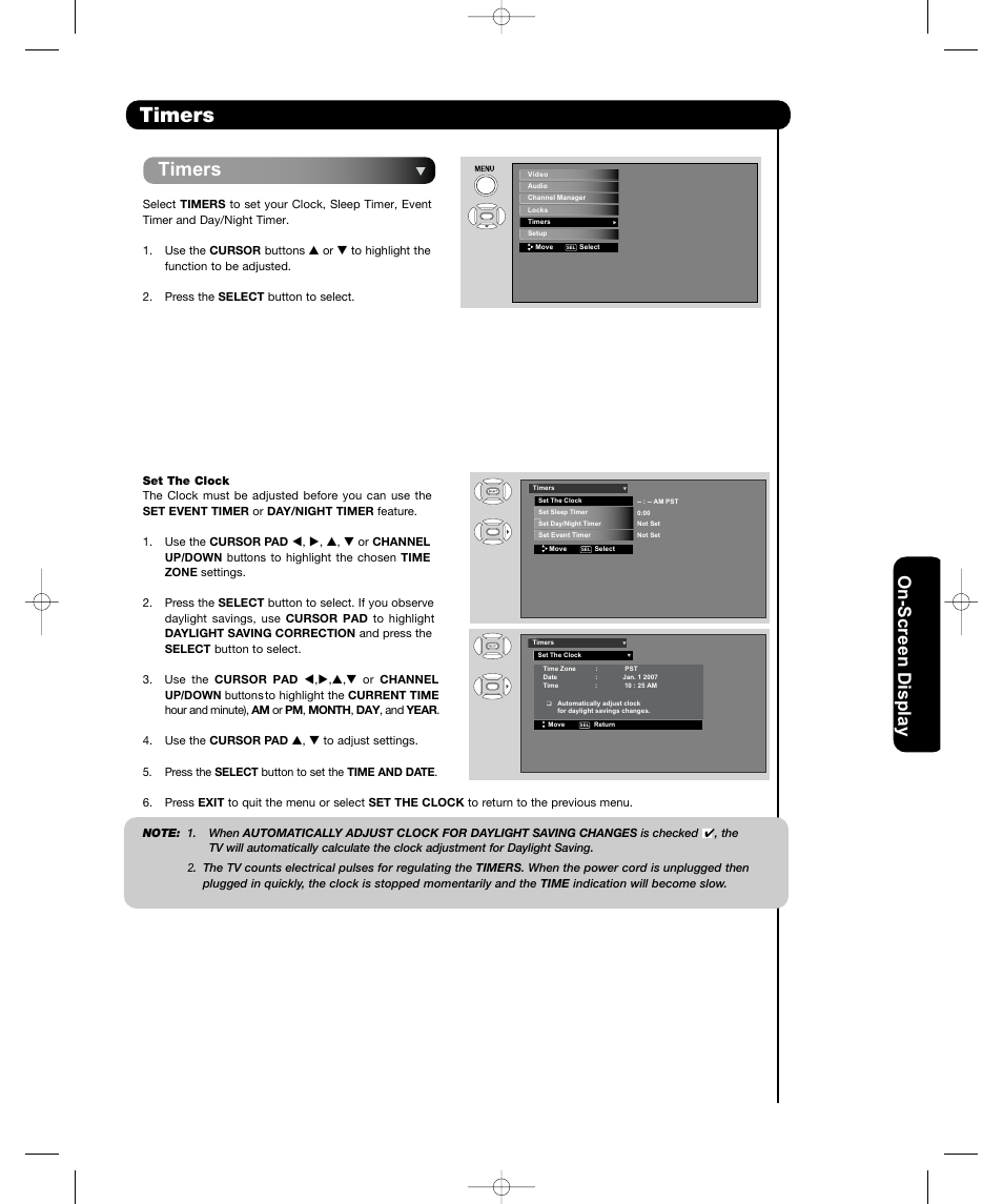 Timers, On-sc ree n display | Hitachi P50H401 User Manual | Page 47 / 144