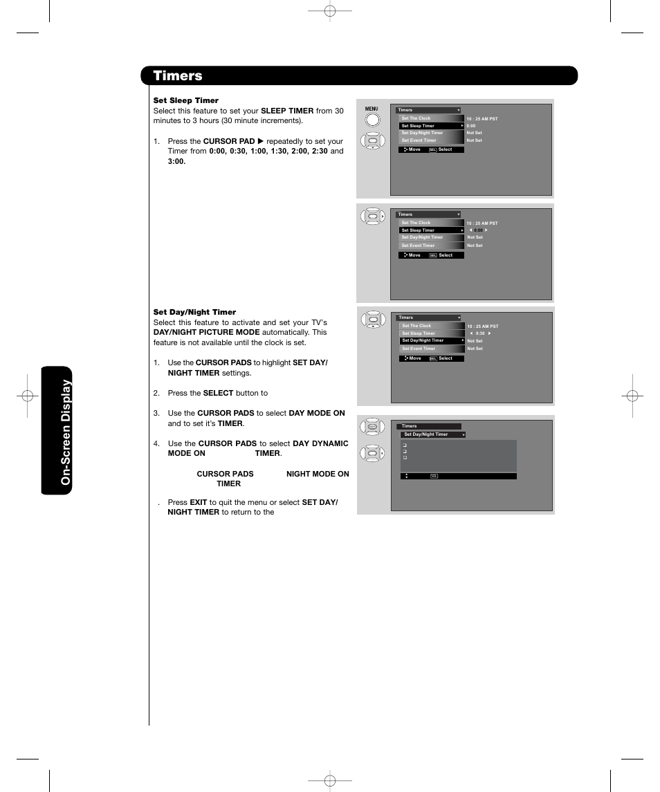 Timers, On-sc reen display | Hitachi P50H401 User Manual | Page 48 / 144