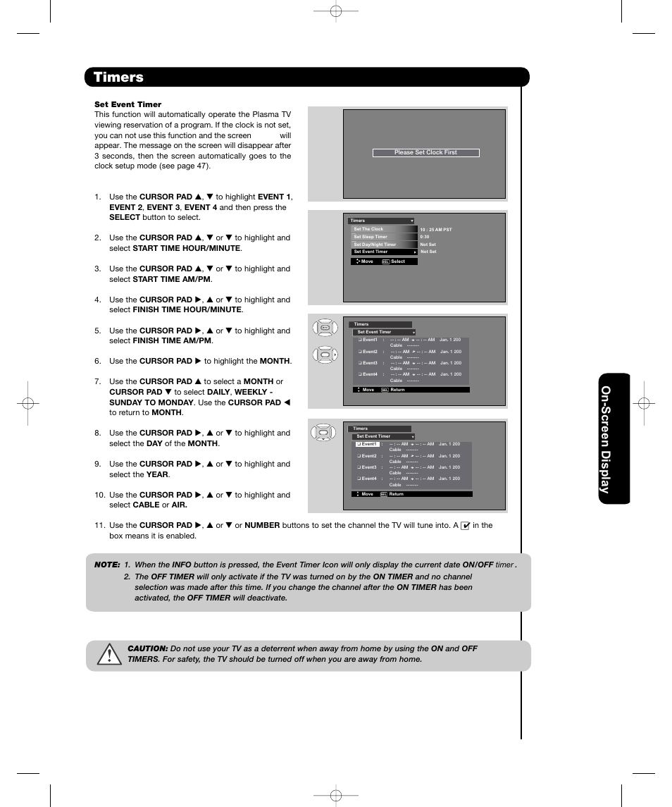 Timers, On-sc ree n display, On-scr een display | Hitachi P50H401 User Manual | Page 49 / 144