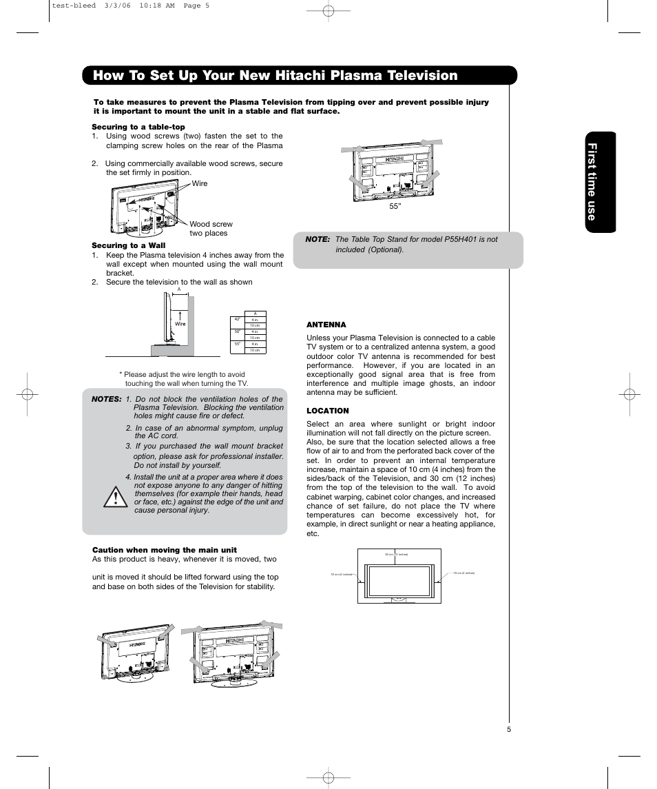 How to set up your new hitachi plasma television, First time use | Hitachi P50H401 User Manual | Page 5 / 144