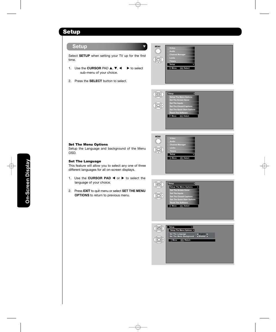 Setup, On-sc reen display, On-screen display | Hitachi P50H401 User Manual | Page 50 / 144