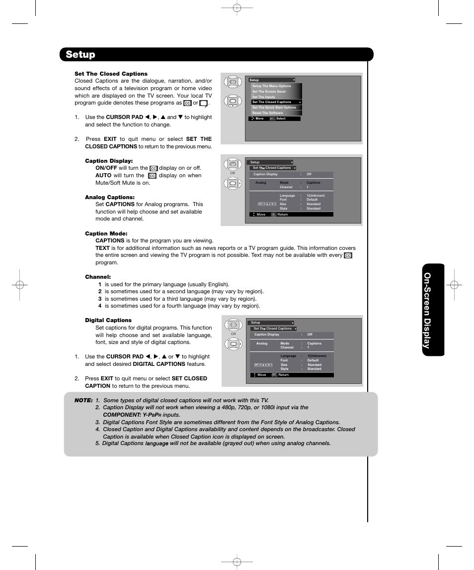 Setup, On-sc ree n display | Hitachi P50H401 User Manual | Page 53 / 144