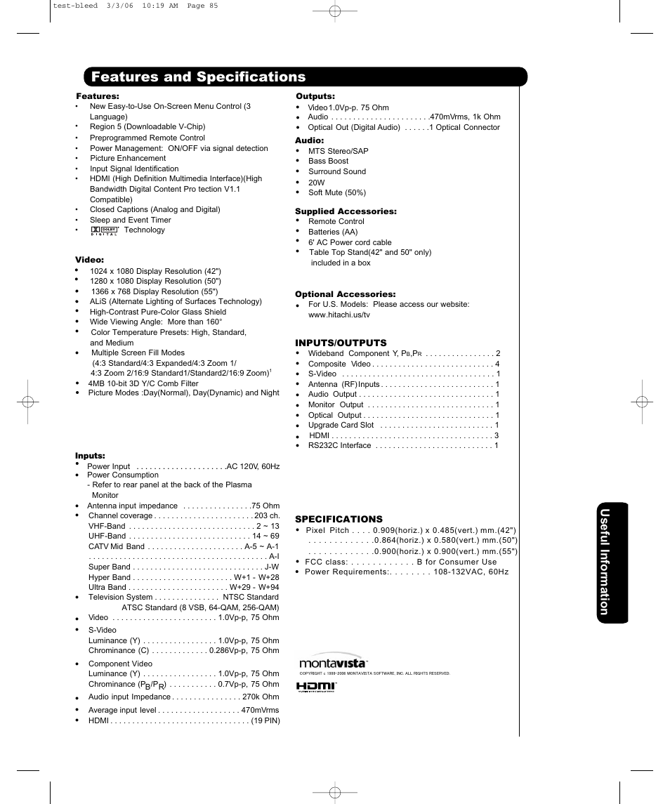 Features and specifications, Usefu l information | Hitachi P50H401 User Manual | Page 59 / 144