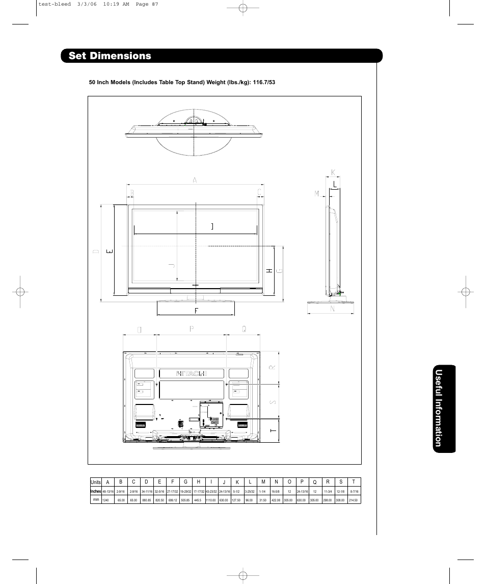 Set dimensions, Usefu l information | Hitachi P50H401 User Manual | Page 61 / 144