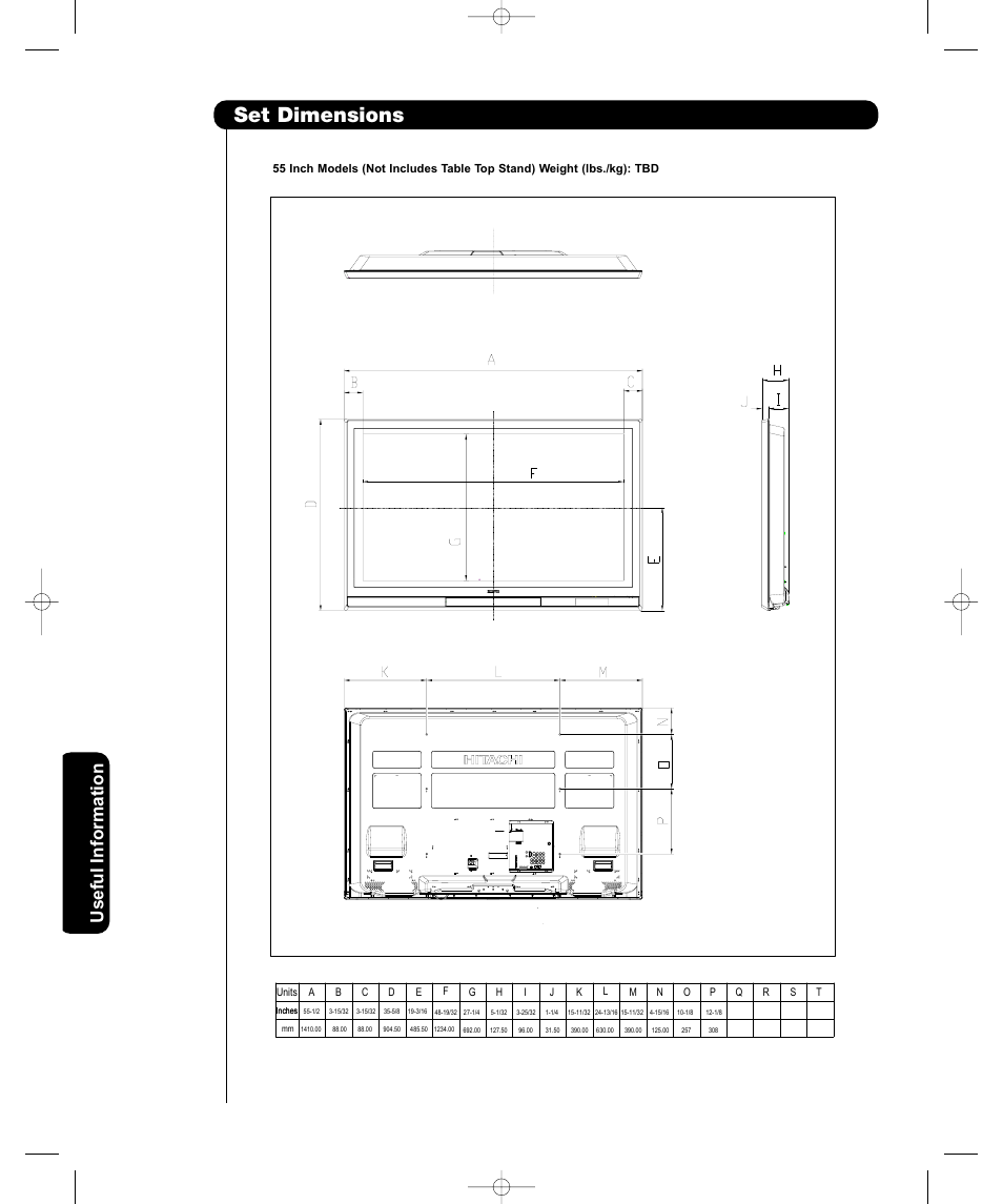 Set dimensions, Useful information | Hitachi P50H401 User Manual | Page 62 / 144