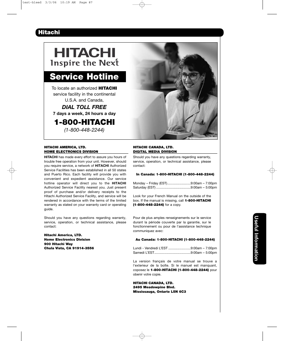 Service hotline, 800-hitachi, Hitachi | Dial toll free | Hitachi P50H401 User Manual | Page 63 / 144