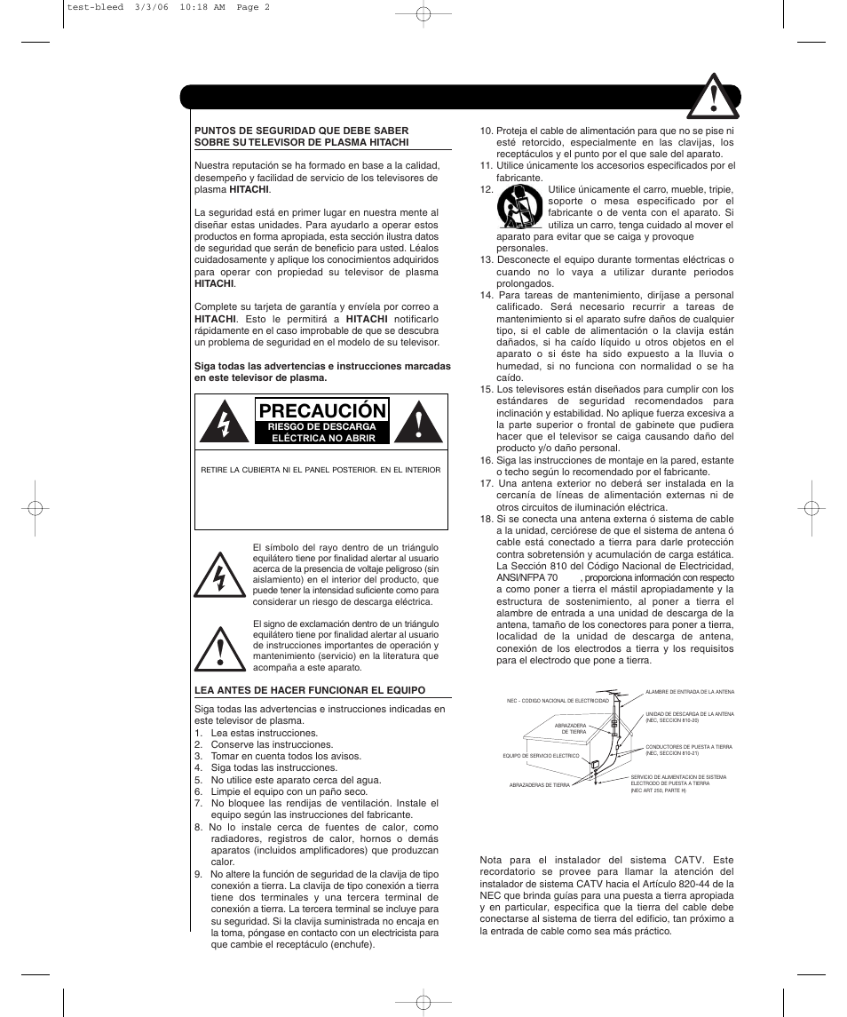 Precaución, Instrucciones importantes de seguridad | Hitachi P50H401 User Manual | Page 66 / 144