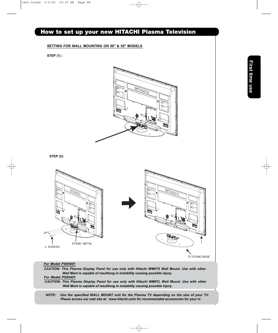 How to set up your new hitachi plasma television, First time use | Hitachi P50H401 User Manual | Page 7 / 144