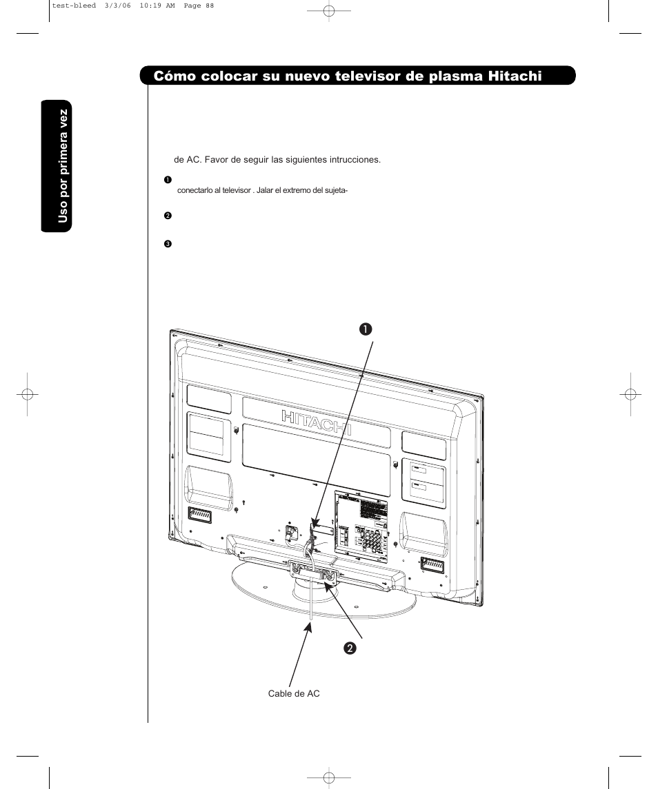 Cómo colocar su nuevo televisor de plasma hitachi, Uso por primera vez | Hitachi P50H401 User Manual | Page 70 / 144