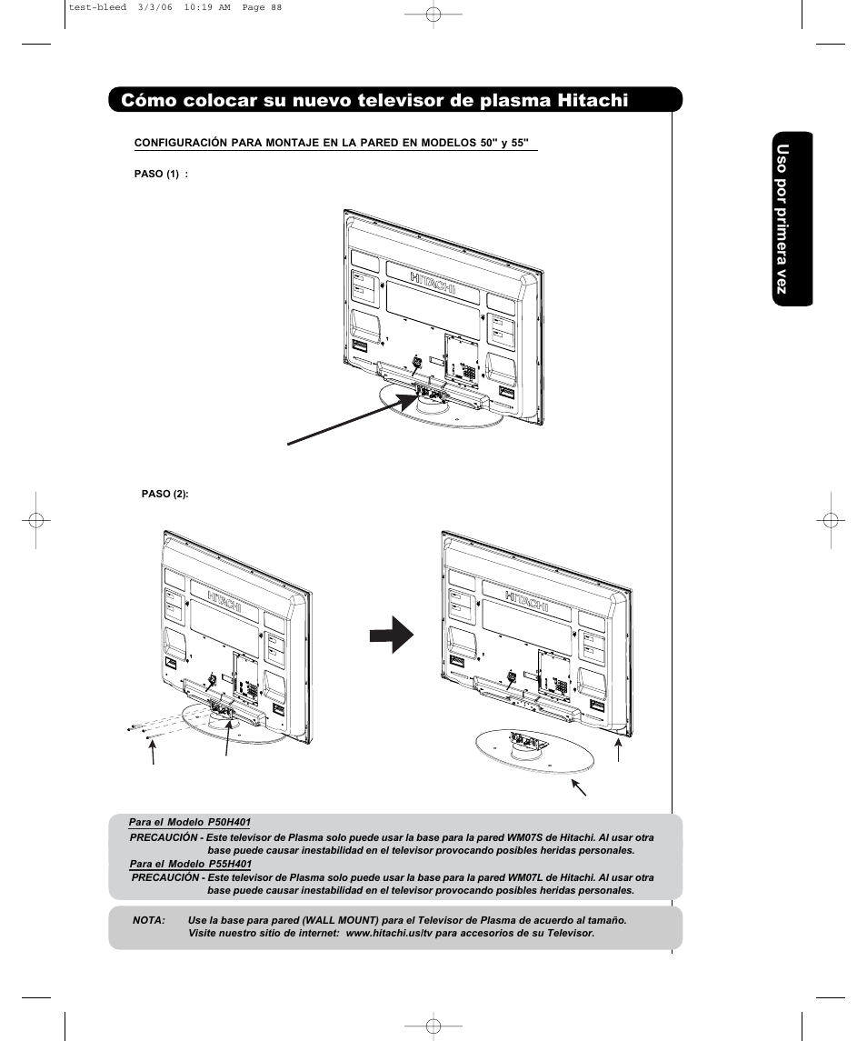 Cómo colocar su nuevo televisor de plasma hitachi, Us o po r primer a vez | Hitachi P50H401 User Manual | Page 71 / 144