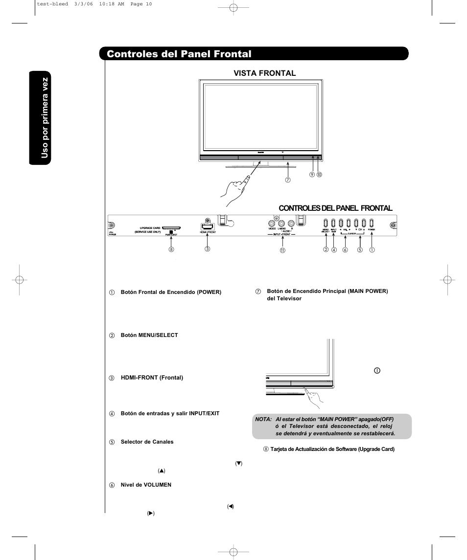 Controles del panel frontal, Uso por primera vez, Vista frontal | Hitachi P50H401 User Manual | Page 76 / 144
