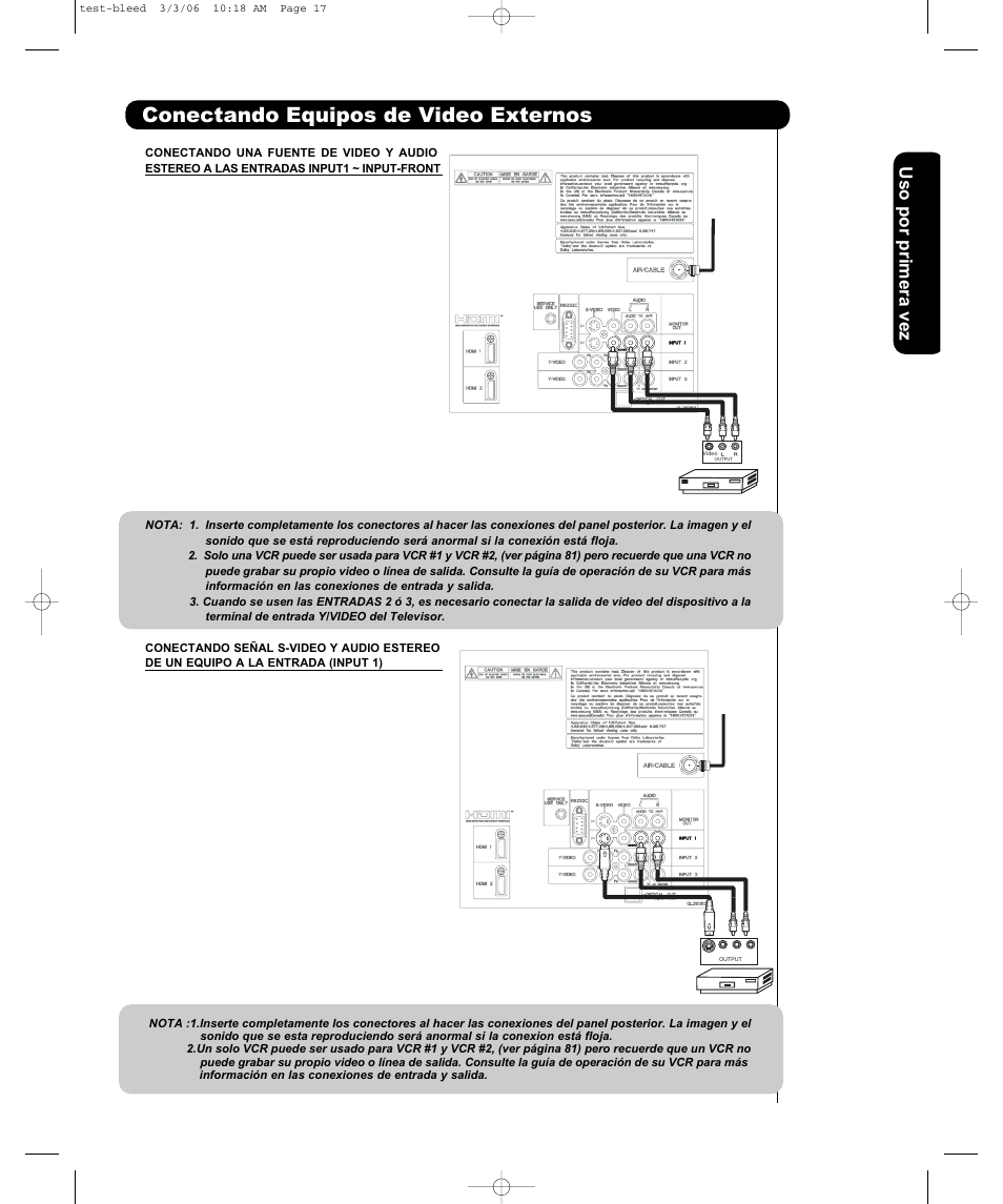 Conectando equipos de video externos | Hitachi P50H401 User Manual | Page 83 / 144