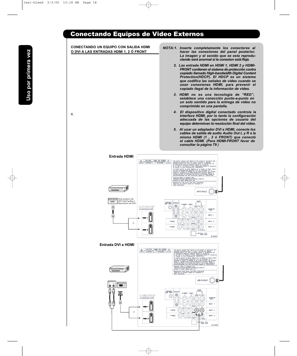 Conectando equipos de video externos, Uso por primera vez | Hitachi P50H401 User Manual | Page 84 / 144