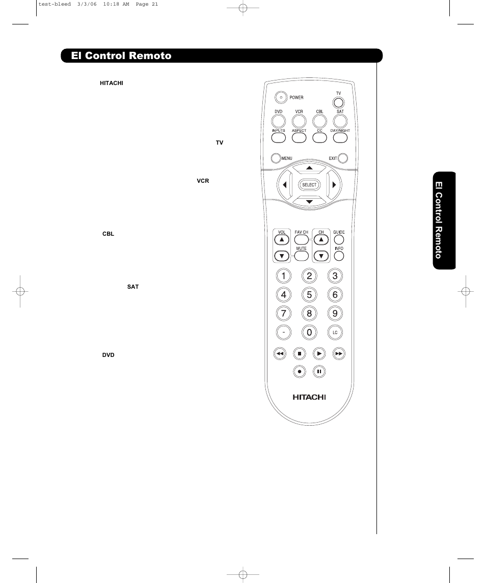 El control remoto, El cont ro l remoto | Hitachi P50H401 User Manual | Page 87 / 144