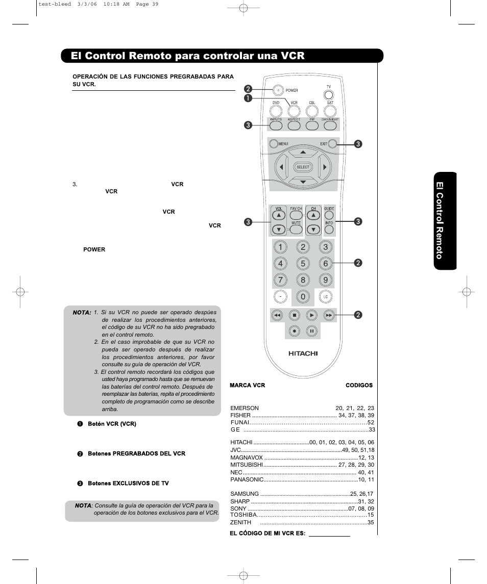 El control remoto para controlar una vcr, El cont ro l remoto | Hitachi P50H401 User Manual | Page 95 / 144