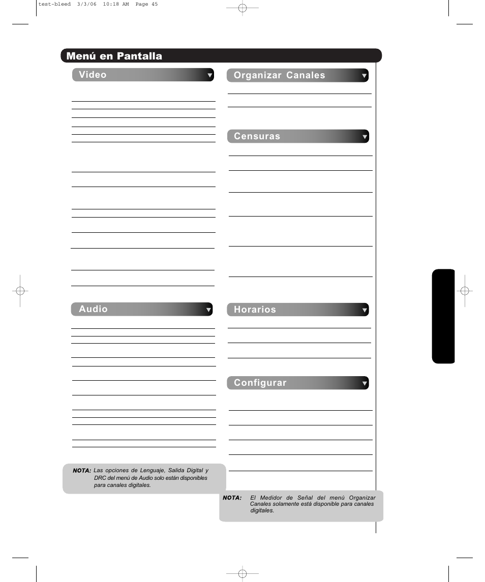 Untitled, Video, Audio | Organizar canales, Censuras, Horarios configurar, Menú en pantalla | Hitachi P50H401 User Manual | Page 97 / 144