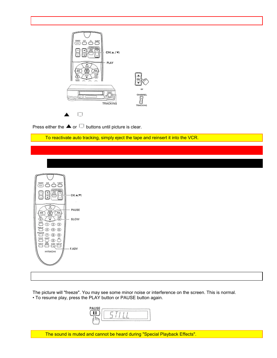 Special playback effects, Variable speed playback still playback (pause) | Hitachi VT-FX6407AS User Manual | Page 32 / 77