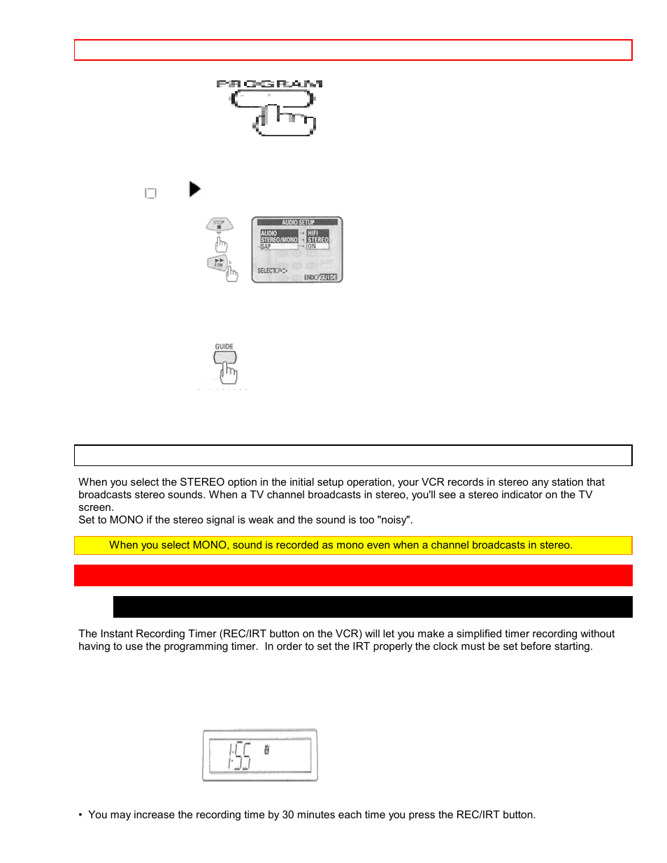 Stereo vs. mono sound, Instant recording timer, Using the instant recording timer (irt) | Hitachi VT-FX6407AS User Manual | Page 50 / 77