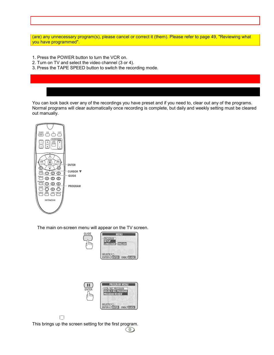 Program review, Reviewing what you have programmed | Hitachi VT-FX6407AS User Manual | Page 67 / 77