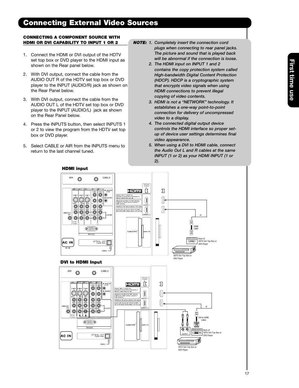 Connecting external video sources, First time use, Hdmi input dvi to hdmi input | Hitachi 55HDT52 User Manual | Page 17 / 104