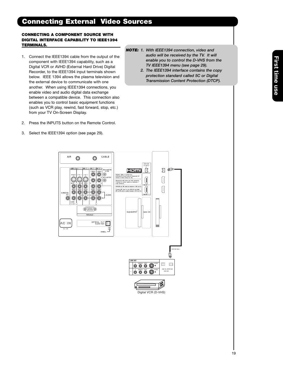 Connecting external video sources, First time use | Hitachi 55HDT52 User Manual | Page 19 / 104