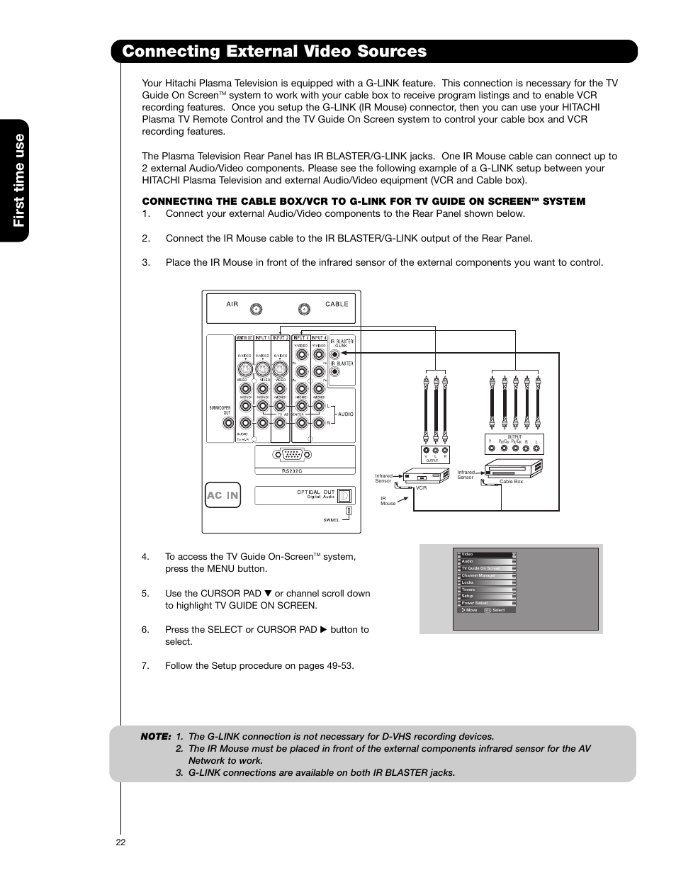 Connecting external video sources, First time use | Hitachi 55HDT52 User Manual | Page 22 / 104